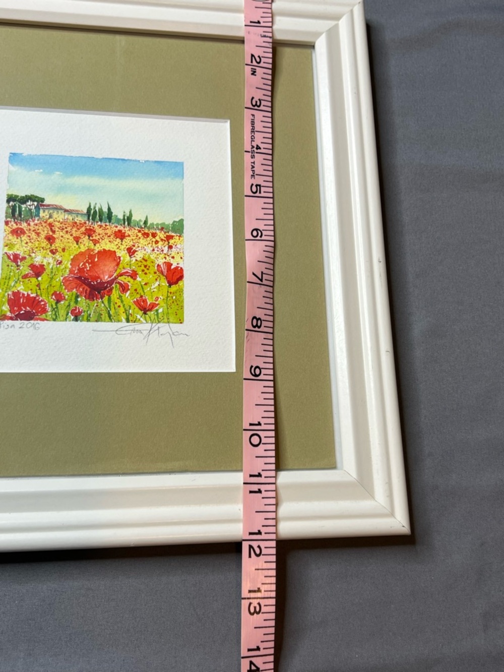 Original Signed Poppy Field Watercolor | Tuscan Landscape | Framed 12x12 - Picture 6 of 8